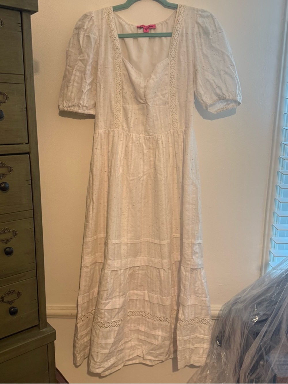 Betsey Johnson White Eyelet Midi Dress with Puff Sleeves